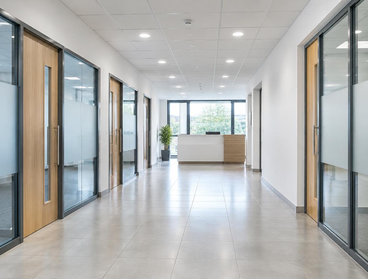 Maintained commercial interior with lighting, glazed doors and building finishes
