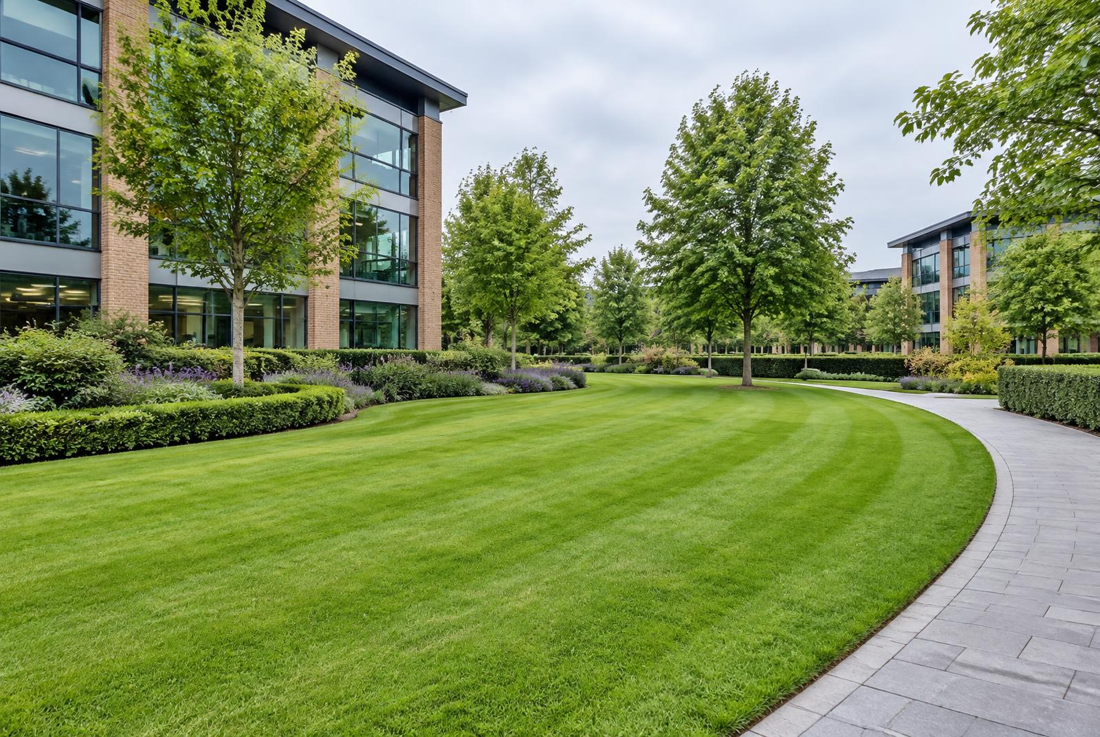 Striped office-grounds lawn with crisp edges, clipped hedges, planted borders and a clean curving footpath